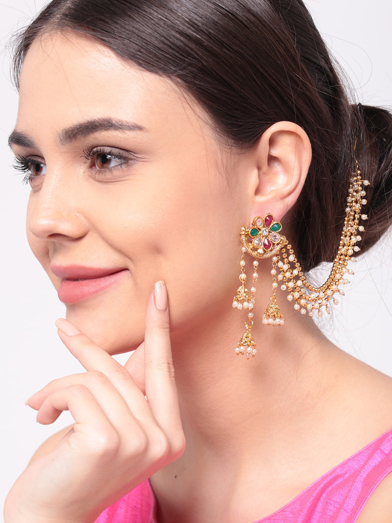 Oxidized Gold Finish Pearls Accented Jhumka Earrings with support chain  #29800 | Buy Online @ DesiClik.com, USA